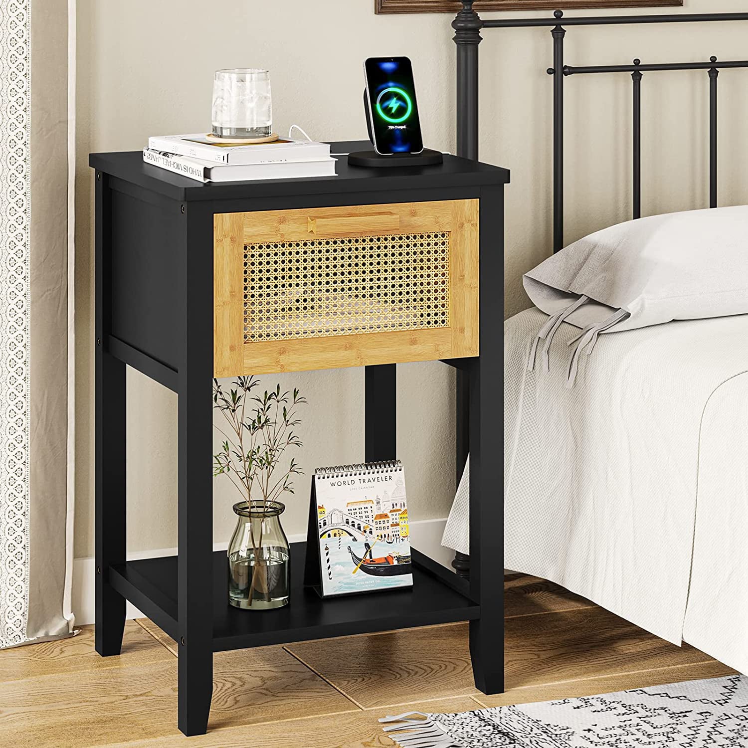 Rattan Nightstand Set of 2 with Charging Station, BedSide Table, Black Finish