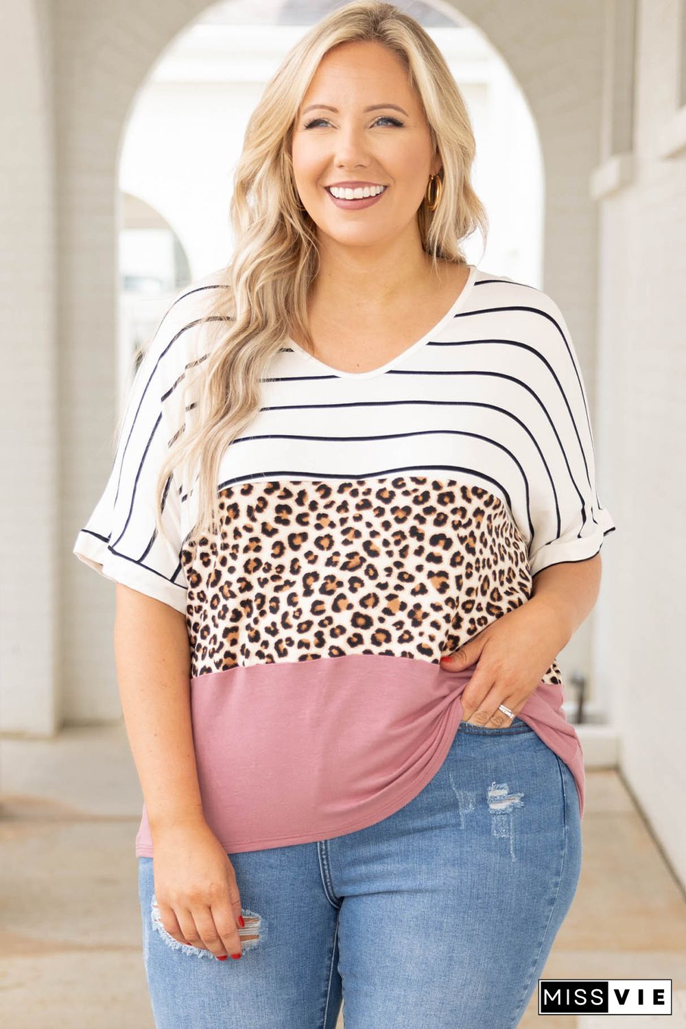 Striped Leopard Color Block Plus Size T-Shirt