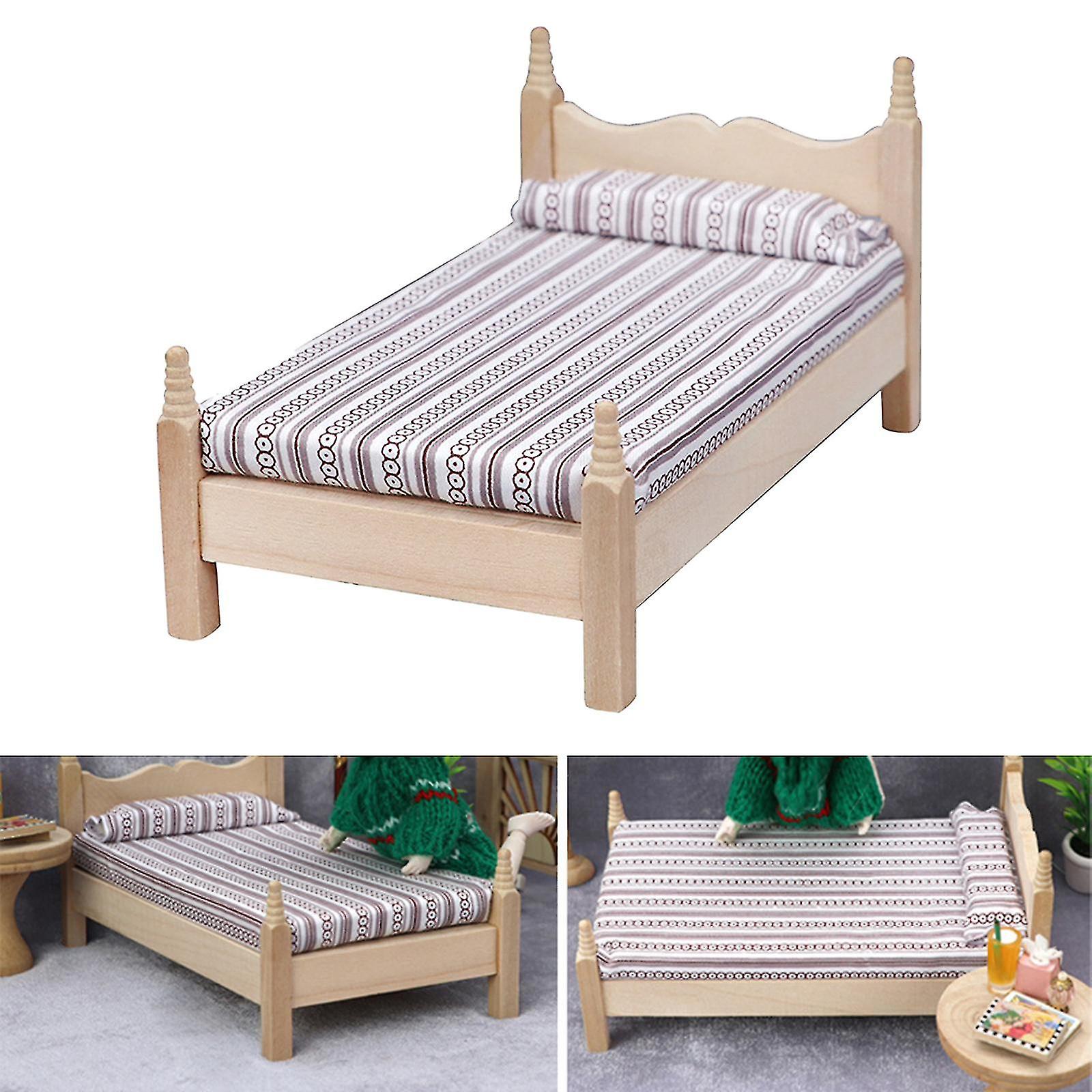 Doll House Miniature Bed Wooden Pretend Play Toy