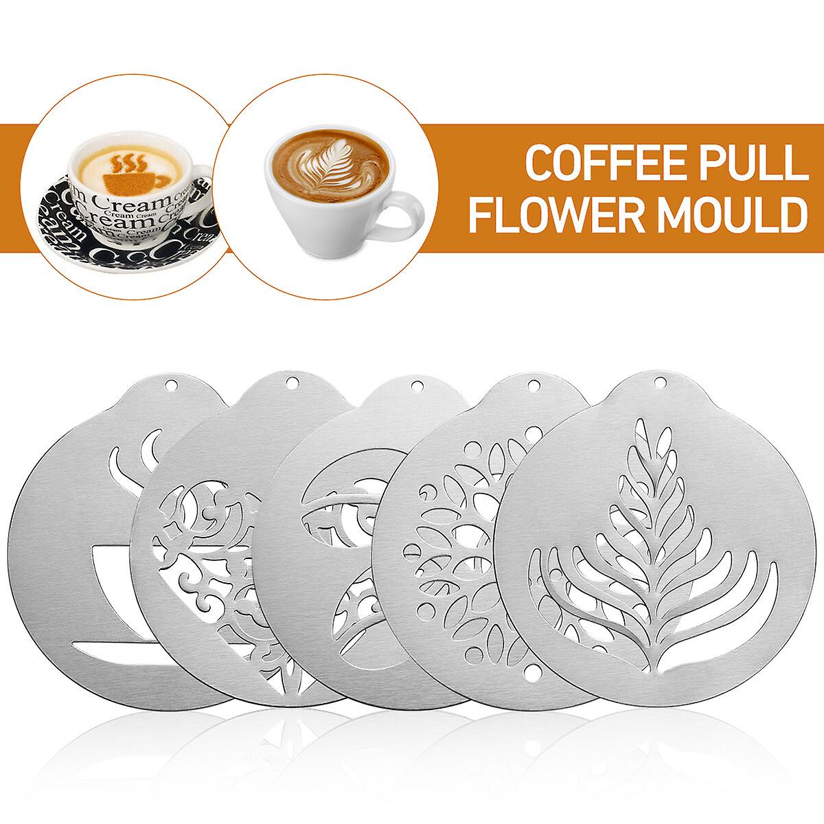 Bestonzon 5 Pcs Stainless Steel Coffee Stencils Barista Cappuccino Arts Templates Coffee Garland Mould Cake Decorating Tool