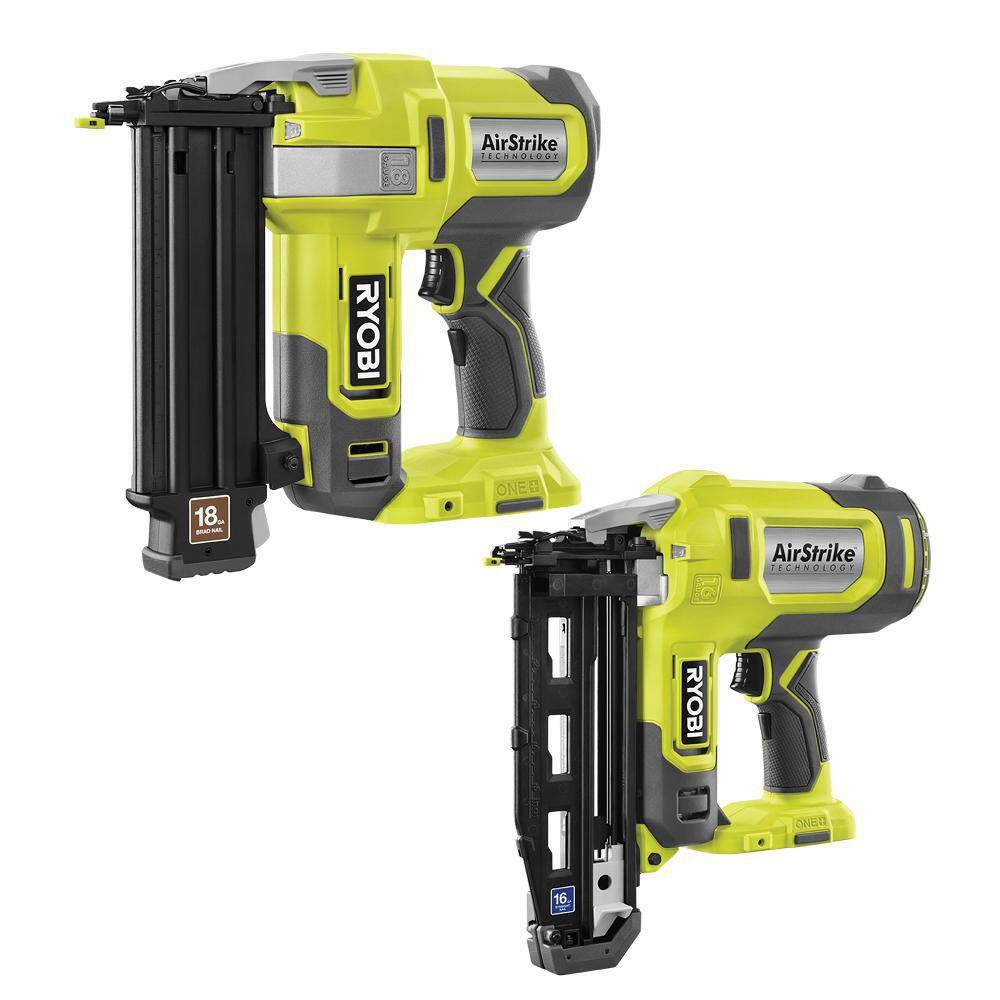 RYOBI ONE+ 18V Cordless 2-Tool Combo Kit with AirStrike 18-Gauge Brad Nailer and 16-Gauge Straight Finish Nailer (Tools Only) P321-P326