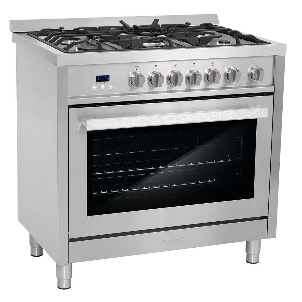 Cosmo 36 in. 3.8 cu. ft. Single Oven Gas Range with 5 Burner Cooktop and Heavy Duty Cast Iron Grates in Stainless Steel COS-965AGFC