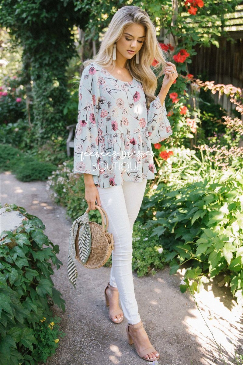 Chiffon Floral Peplum Bell Sleeve Top