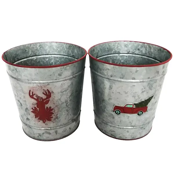 Christmas metal bucket holiday red galvanized truck Milu deer wishes gift decoration