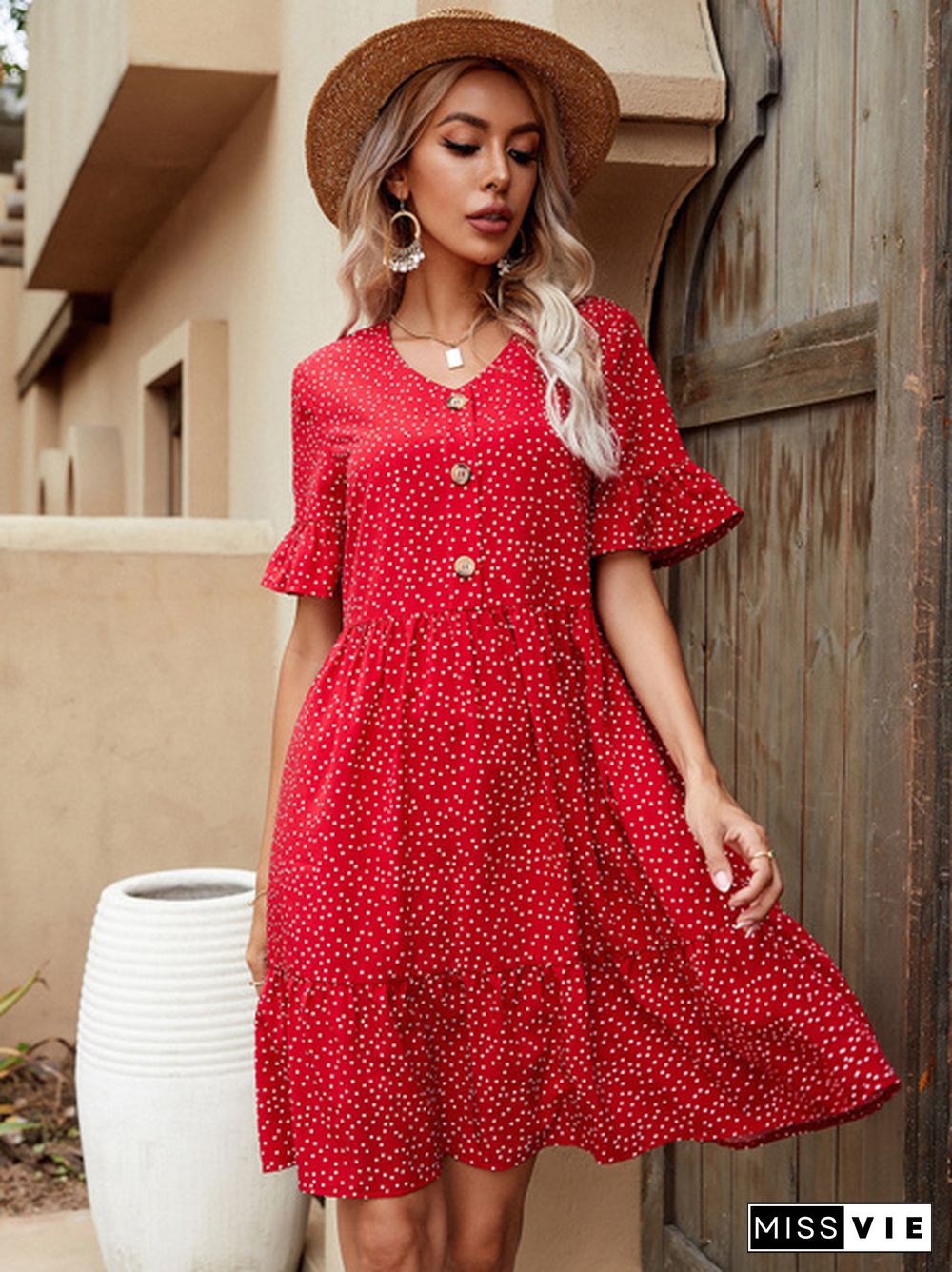 V-Neck Polka Dot Ruffled Long Skirt