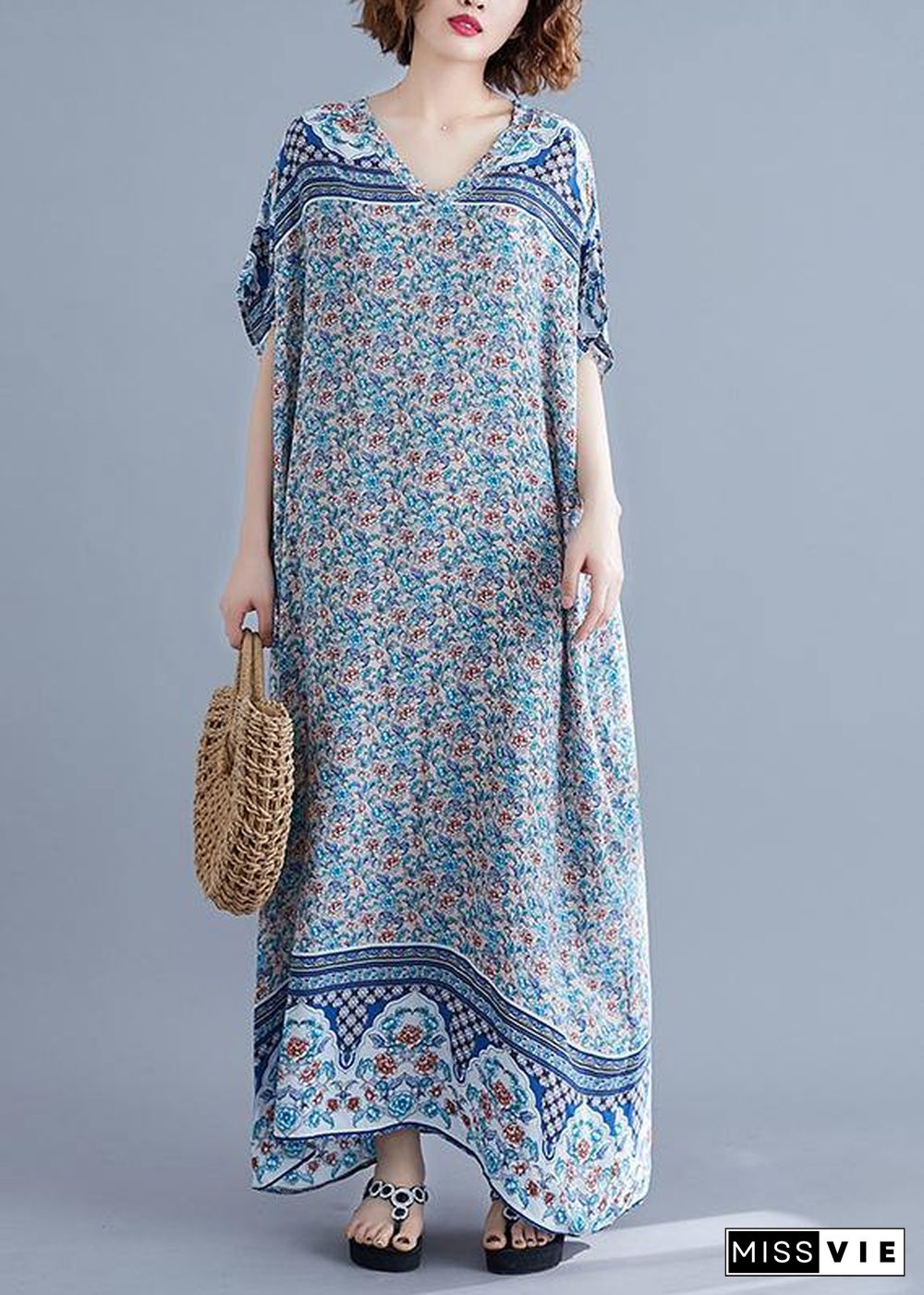 Simple v neck batwing sleeve dresses blue floral Art Dress summer