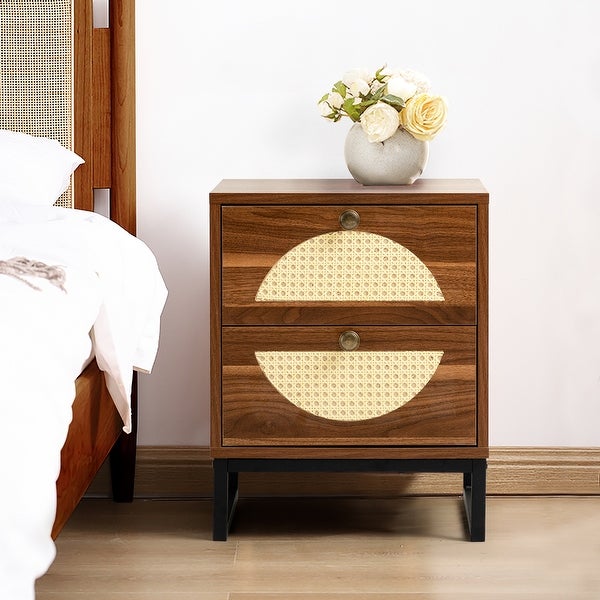 Natural Rattan Nightstand Side Table Display Rack for Bedroom