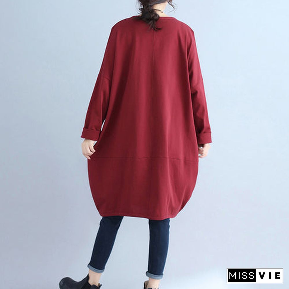 solid cotton pockets prints burgundy casual dresses oversize o neck mid dress