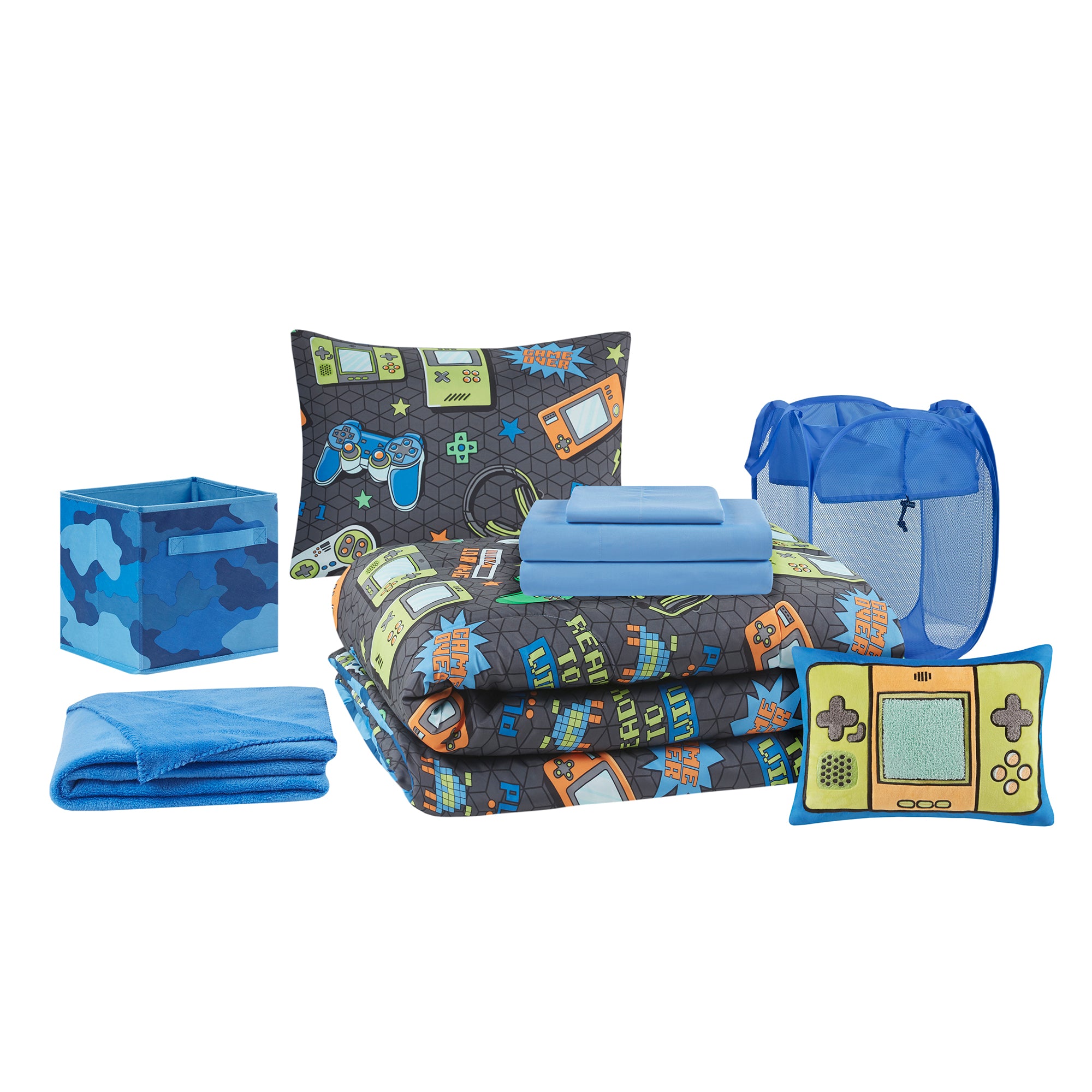 Here I Grow Gamer Print Reversible 9 Piece Comforter Bed in a Bag， Grey/Blue， Twin/TXL