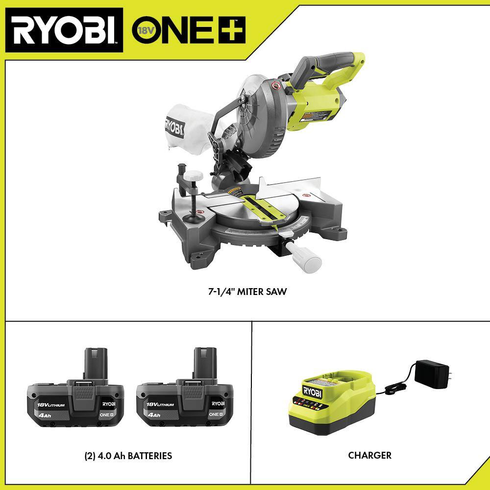 RYOBI ONE+ 18V Cordless 7-14 in. Compound Miter Saw with Lithium-Ion 4.0 Ah Battery (2-Pack) and Charger P553-PSK006