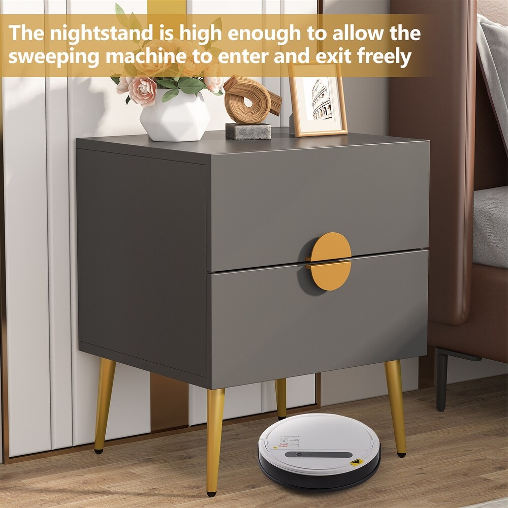 Dark Grey Wood Modern Nightstand with 2 Drawers  White/ Gold Mid century Contemporary Bedside Table with Storage