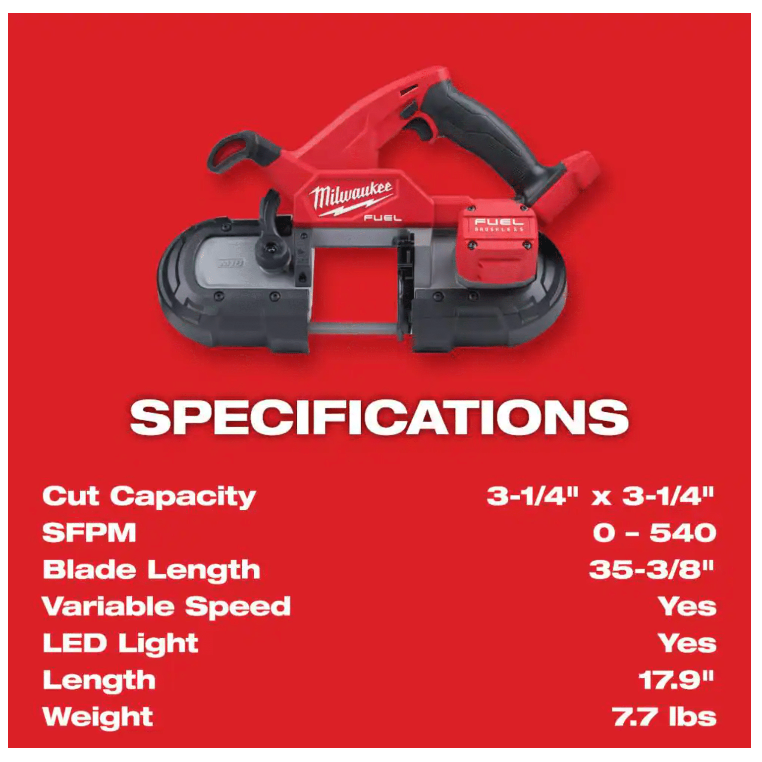 Milwaukee M18 Fuel 18-Volt Lithium-Ion Brushless Cordless Compact Bandsaw， Tool-Only (2829-20)