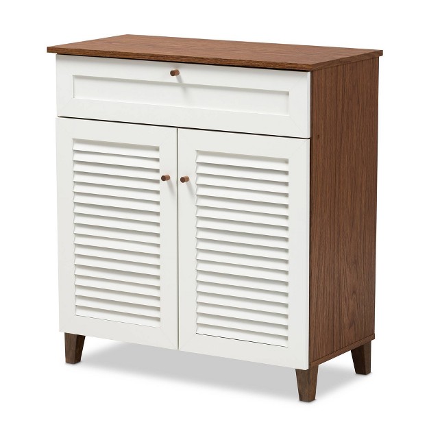 Coolidge 4 Shelf Wood Shoe Cabinet With Drawer White walnut Baxton Studio