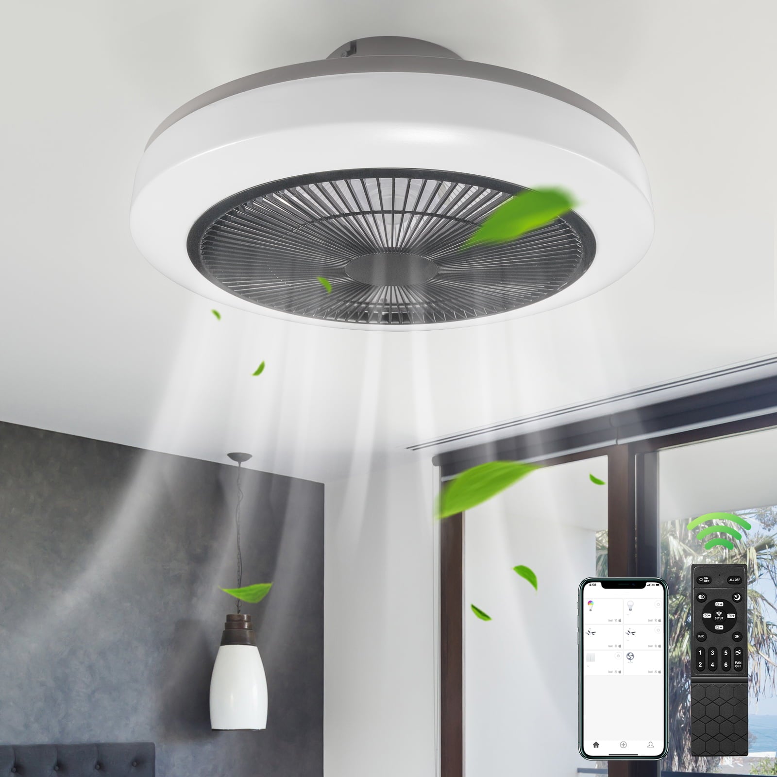 JahyShow Ceiling Fan with Lights and Remote Control Low Profile Fan Light LED Hidden Electric Fan， 6 Fan Speeds， 3 Light Change