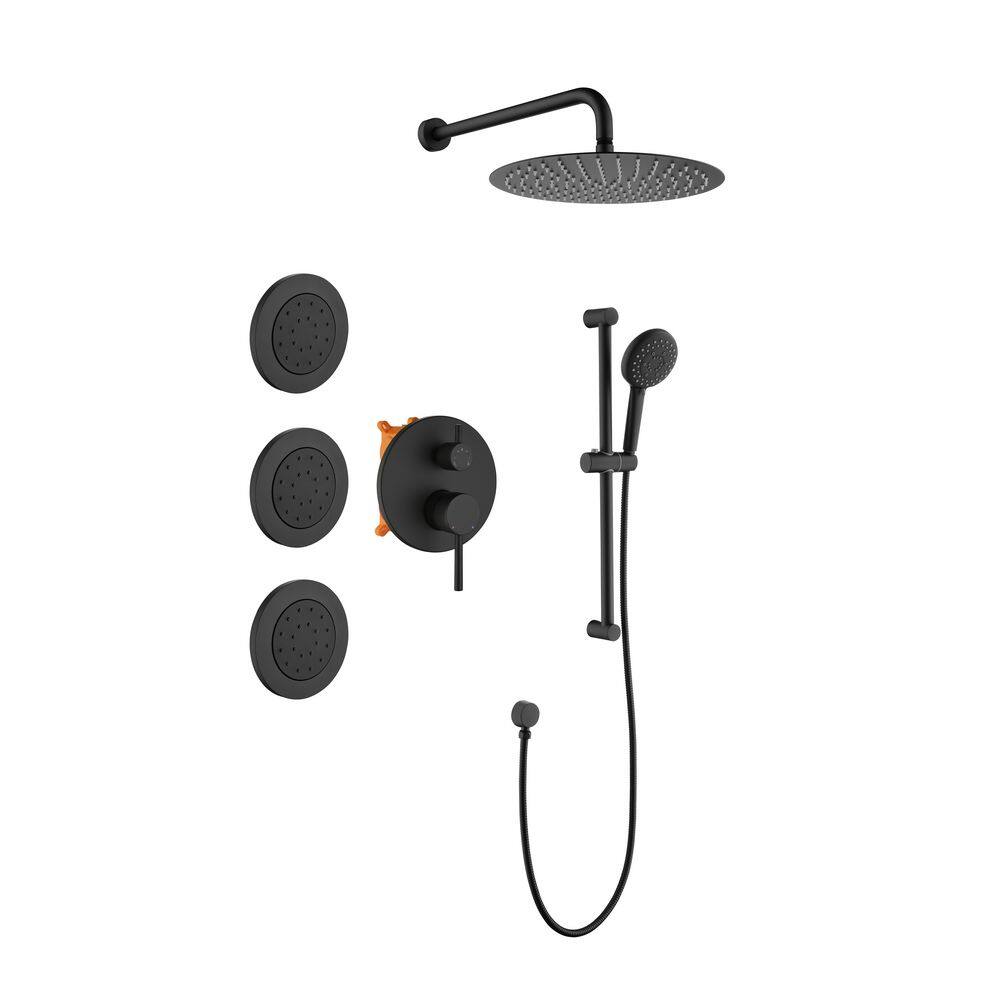 Mondawe 3-Spray Patterns Bathroom Showers 12 in. Wall Mount Round Rainfall Dual Shower Heads in Matte Black-R with 3 Body Jets MO1773DT-MB