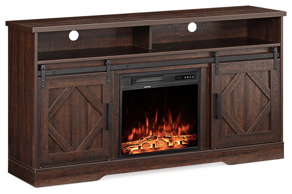 Farmhouse TV Stand  Sliding Doors  Fireplace With Adjustable Temperature  Brown   Farmhouse   Entertainment Centers And Tv Stands   by Declusia  Houzz