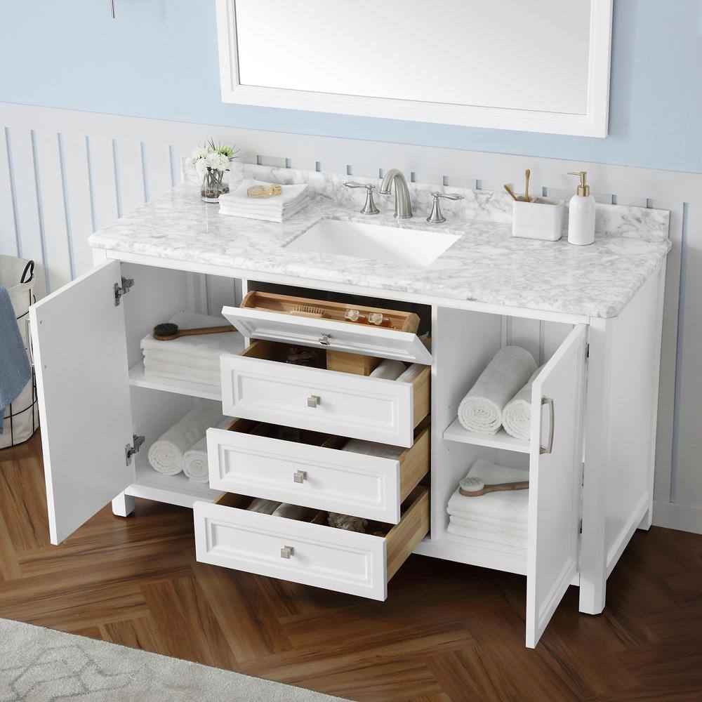 Home Decorators Collection Sandon 60 in. W x 22 in. D x 34.5 in. H Single Sink Bath Vanity in White with White Carrara Marble Top Sandon 60W