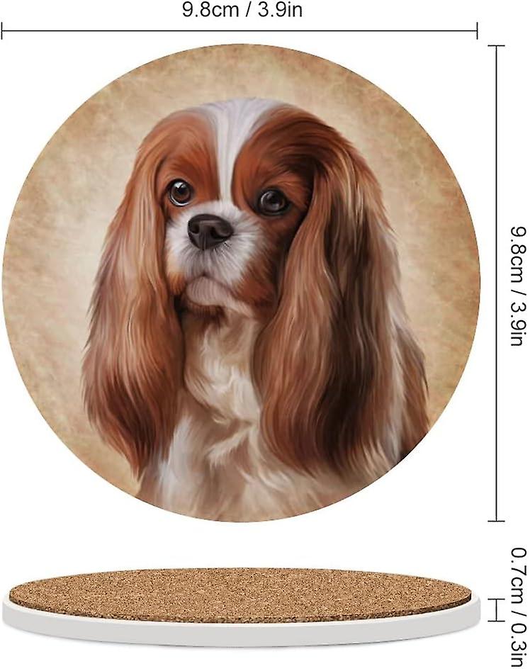 2pcs Round Cavalier King Charles Spaniel Portrait Ceramic Coasters With Cork-backed For Coffee Drink Cup Mat Absorbent Stone Coasters