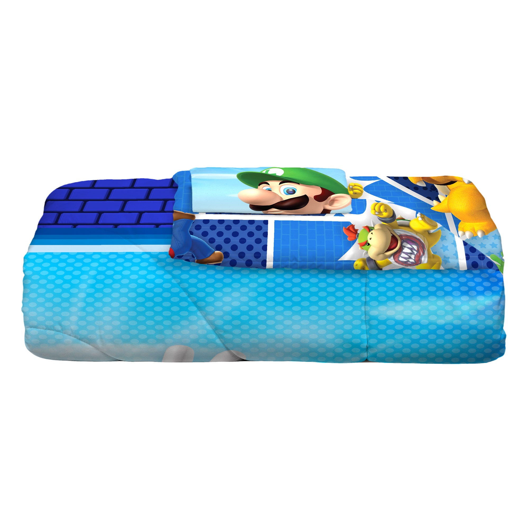 Super Mario Kids Twin Comforter and Sham， 2-Piece Set， Gaming Bedding， Reversible， Blue