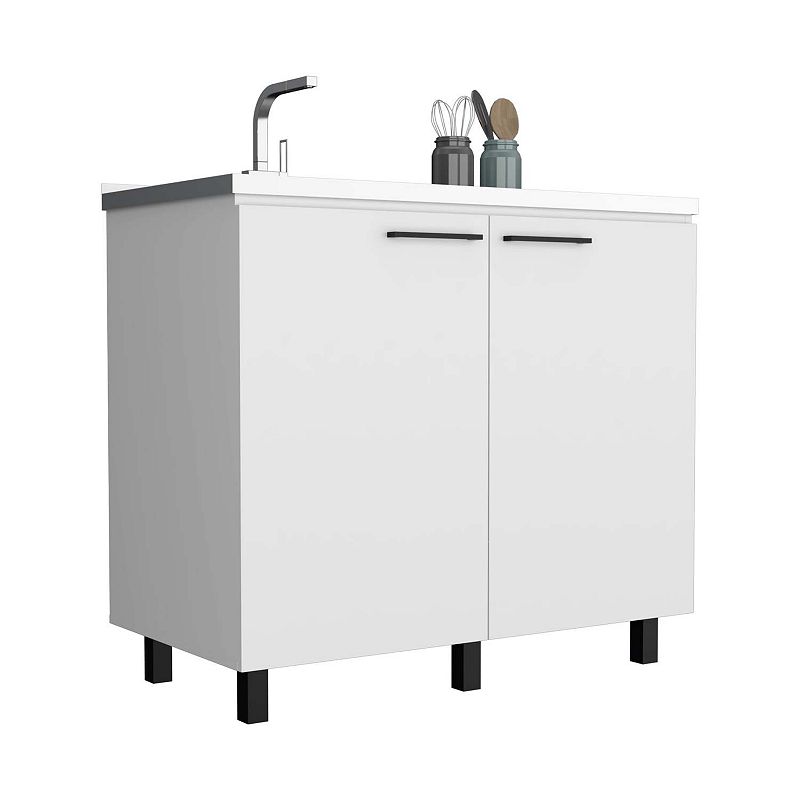 DEPOT E-SHOP Salento 2 Freestanding Utility Base Cabinet with Stainless Steel Countertop and 2-Door， White