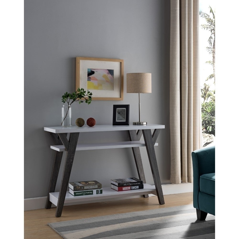 Wooden Console Table with 2 Lower Shelves， White and Distressed Gray