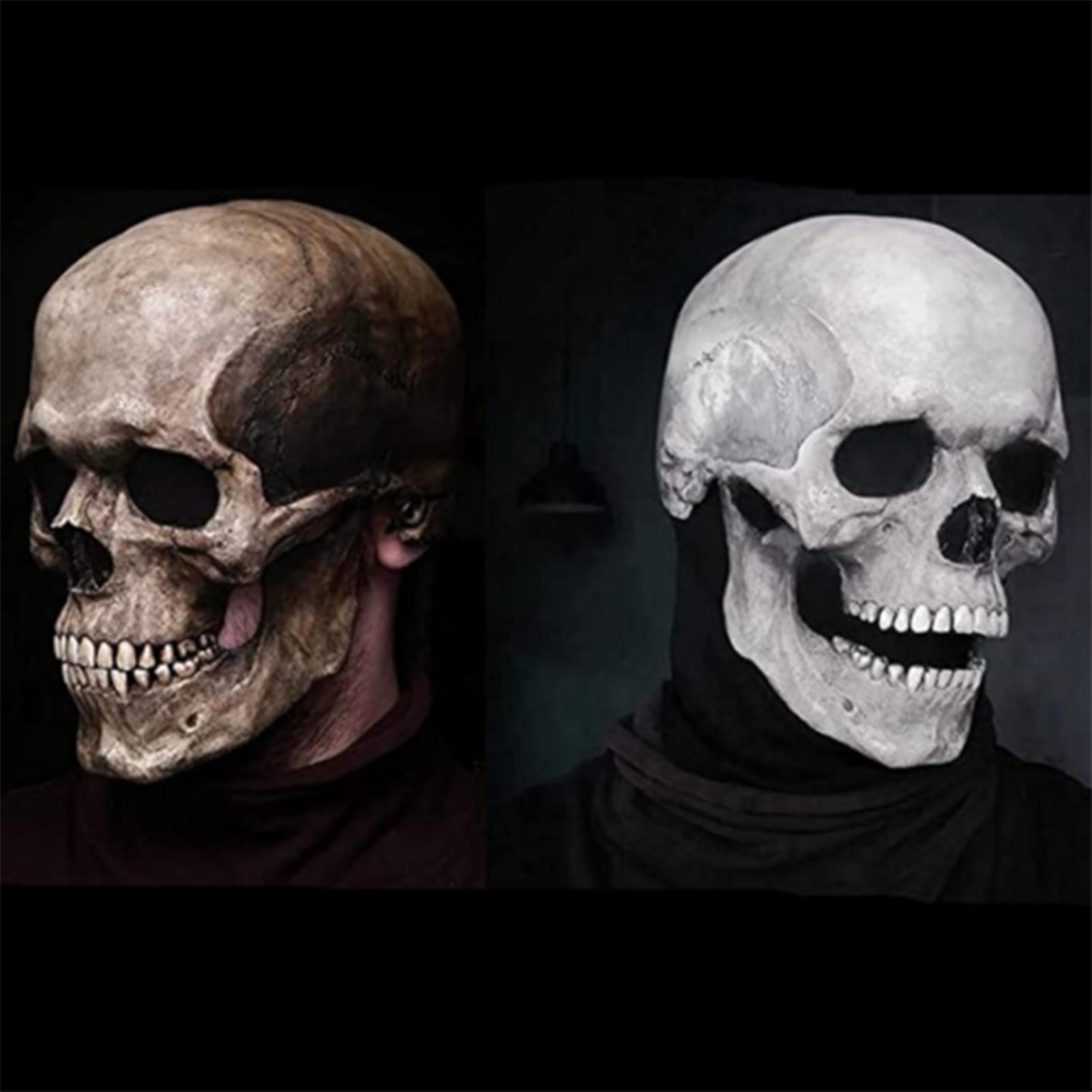 Full-head Skull Face Cover Hel-met H-alloween Party Prop Creepy Skeleton Headgear With Movable Jaw Dark Yellow