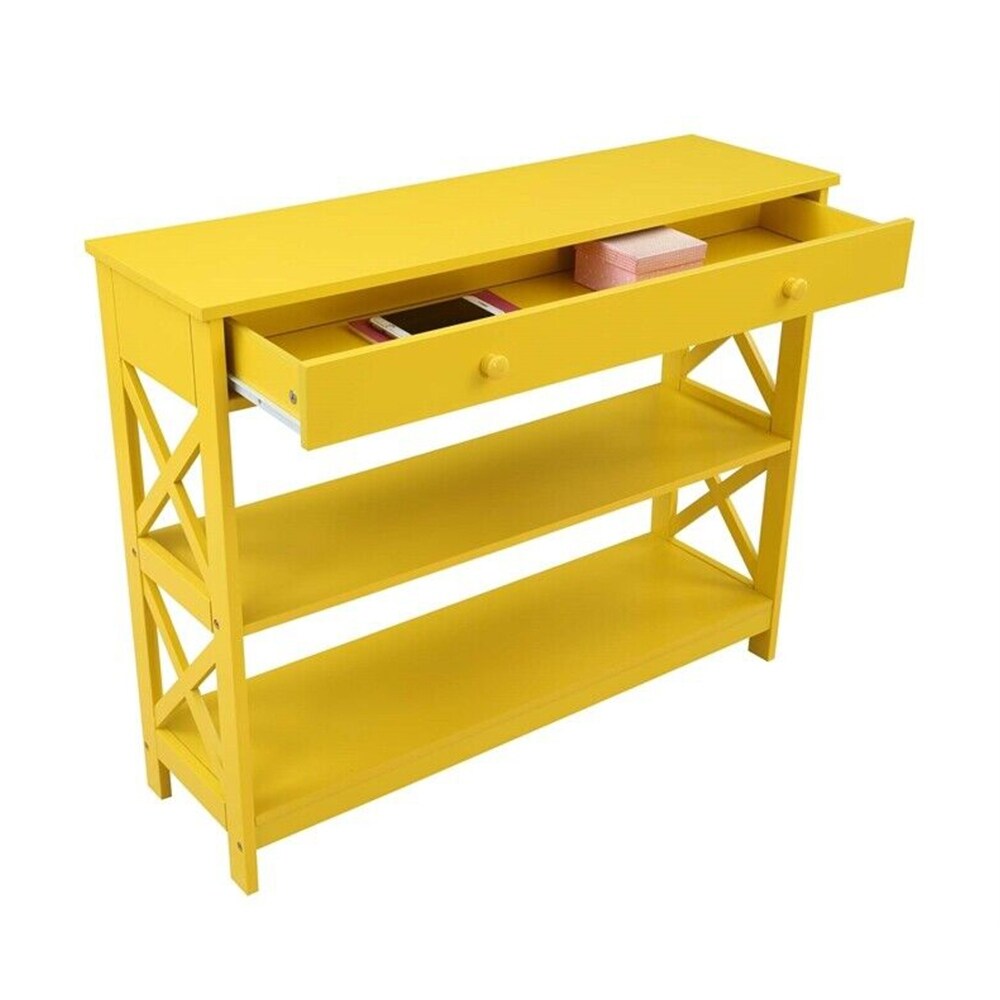 One Drawer Console Table with Shelves in Yellow Wood   54 x 84