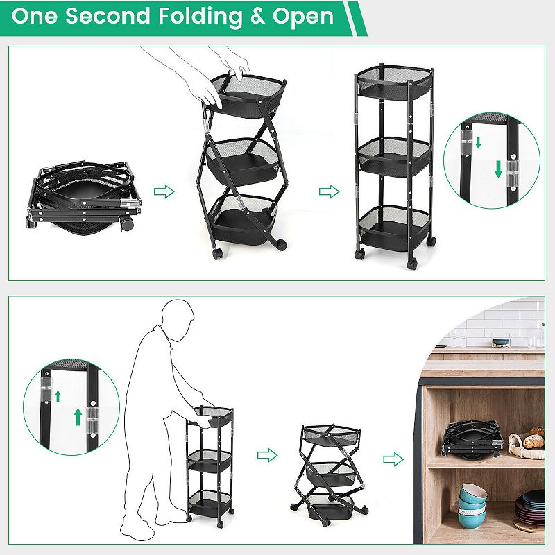 3-Tier Rotating 1-Second folding Storage Rack Metal