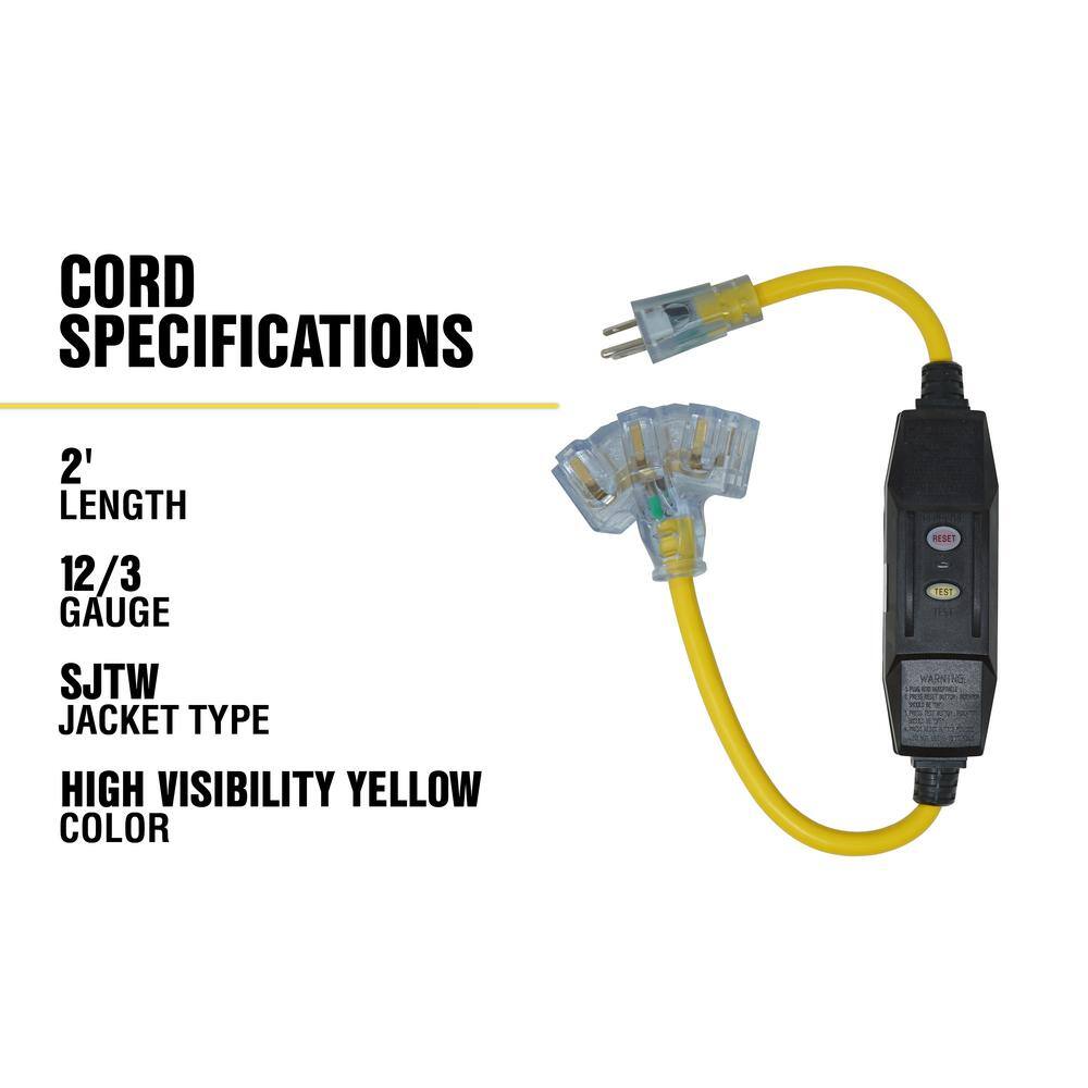 Yellow Jacket 2 ft. 123 SJTW In-Line GFCI Heavy-Duty Cord with Multi-Outlet (3) Power Light Block 2816