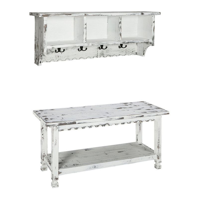 Alaterre Furniture Country Cottage Distressed Wall Shelf and Bench 2-piece Set