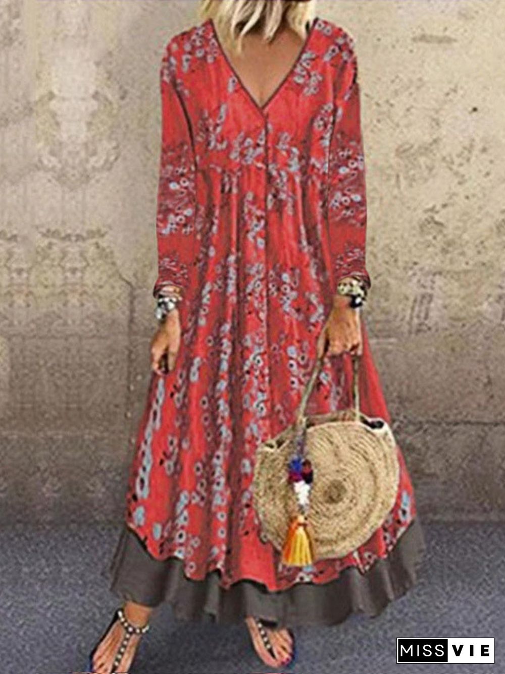 Women's 3/4 Sleeve V-neck Graphic Floral Printed Maxi Dress