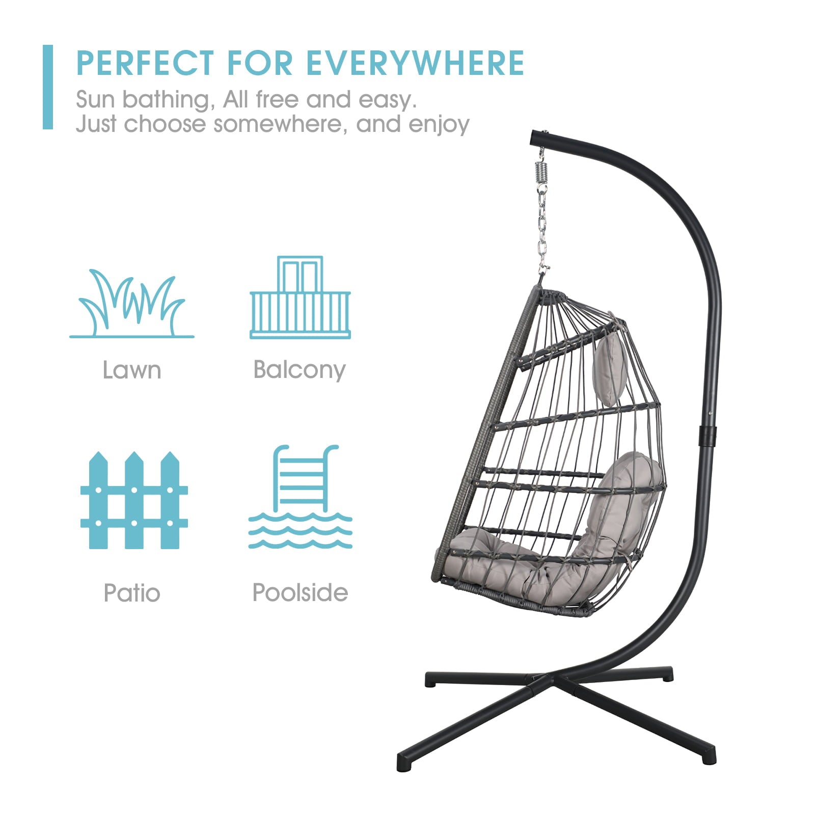 Indoor Outdoor Swing Egg Chair with Stand, Patio Foldable Grey Wicker Rattan Hanging Chair with Cushion, Light Gray