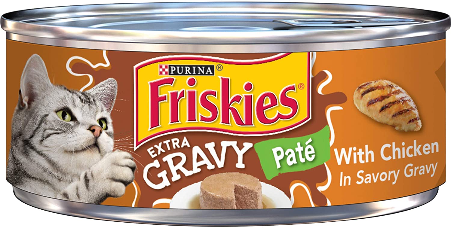 Purina Friskies Gravy Pate Wet Cat Food， Extra Gravy Pate With Chicken in Savory Gravy - (24) 5.5 oz. Cans