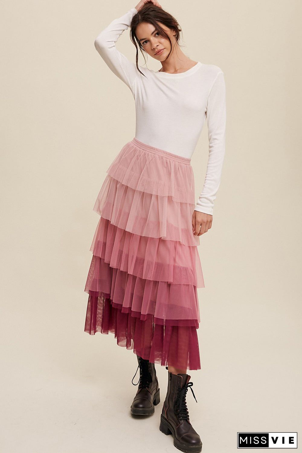 Pink Gradient Ruffle Tiered Mesh Maxi Skirt