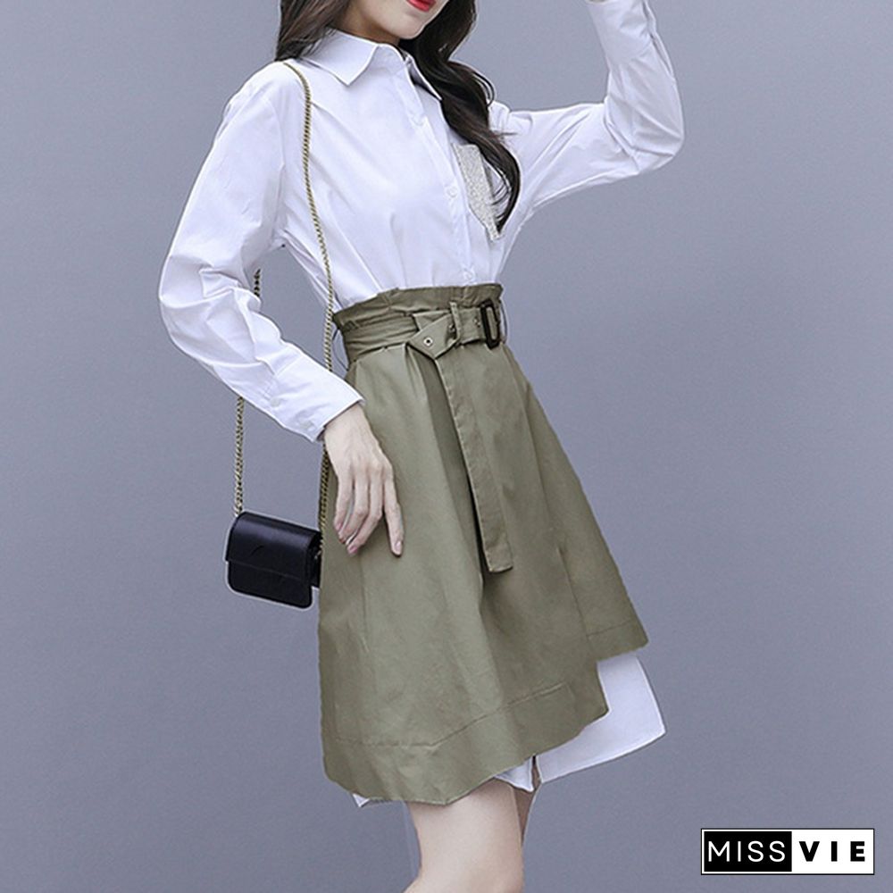 White Shirts Long Sleeve Dress Set Turn Down Collar Blouse + Irregular Skirt Women Fashion Outfits Office 2 Piece Set