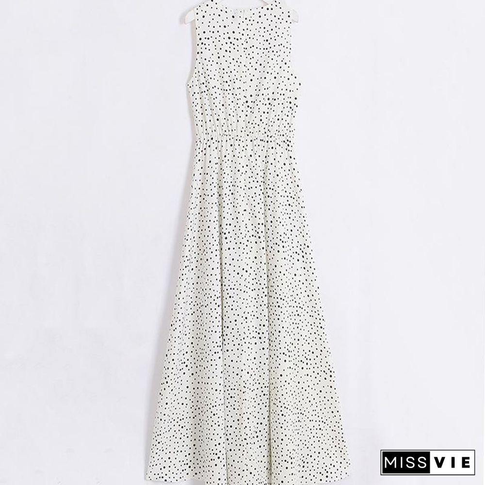 V Neck Dot Printed Floor Length Dress(3 Colors)