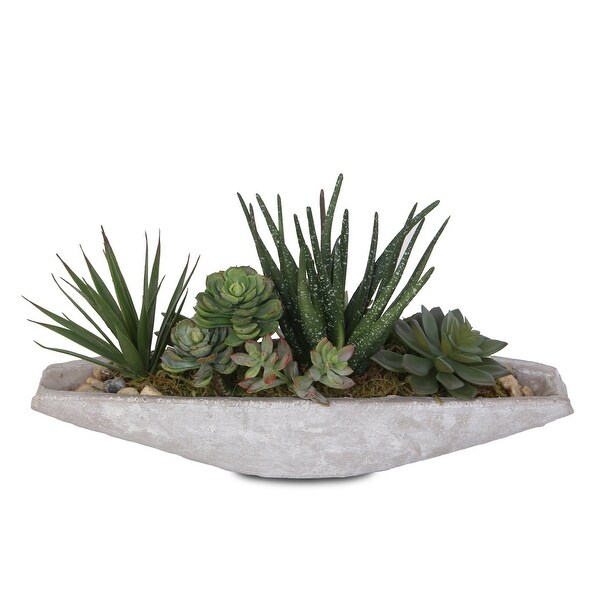 Artificial Succulents Arrangement in Boat Shape Stone Wash Cement Pot