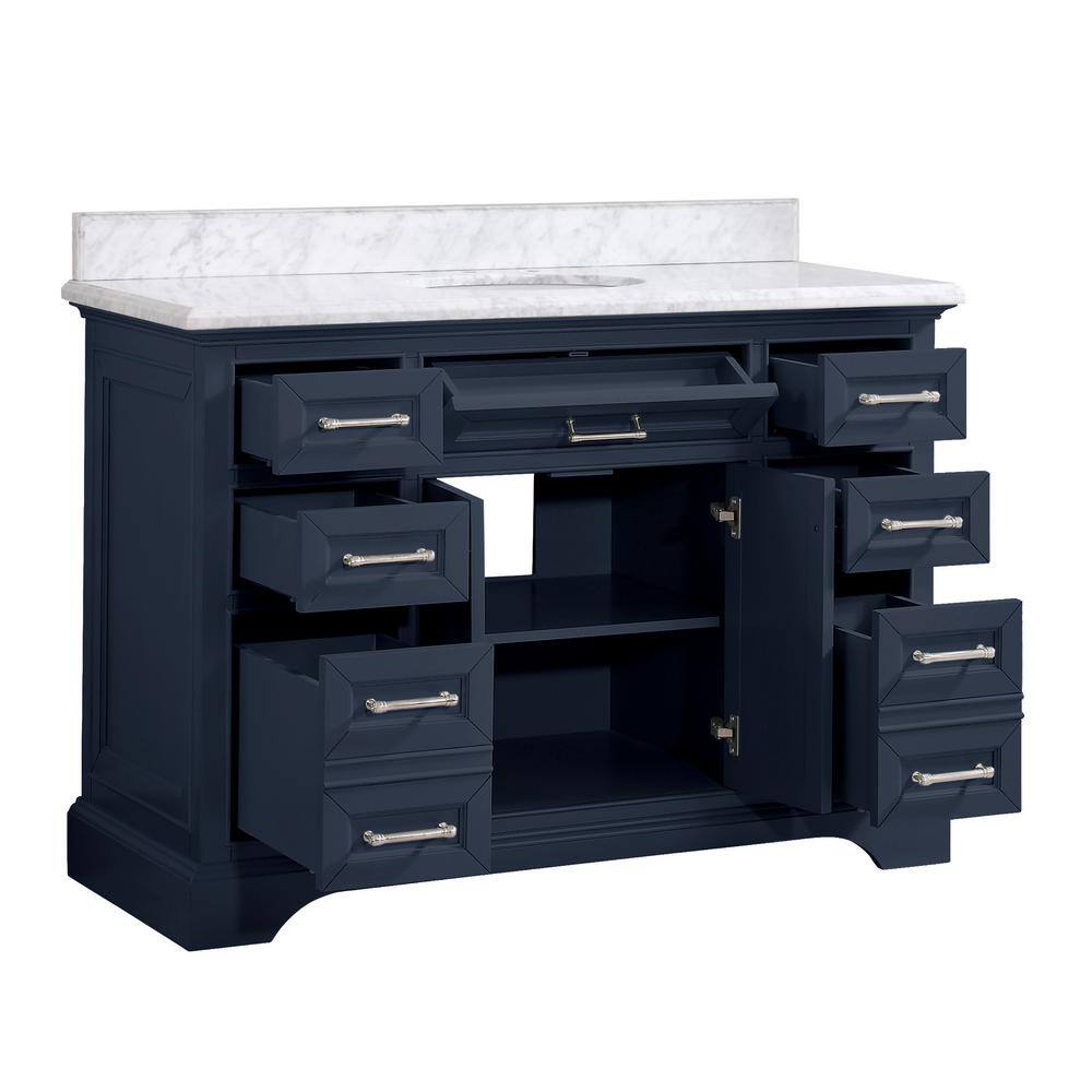 Home Decorators Collection Windlowe 49 in. W x 22 in. D x 35 in. H Freestanding Bath Vanity in Navy Blue with Carrara White Marble Marble Top 15101-VS49C-NB