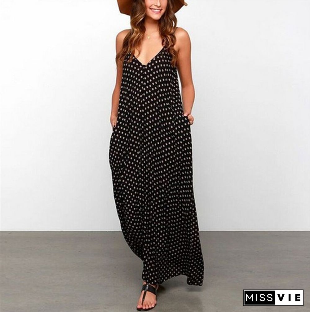 Women Loose Maxi Dress Sling Polka Dot Pocket V-neck Summer Casual Vestido