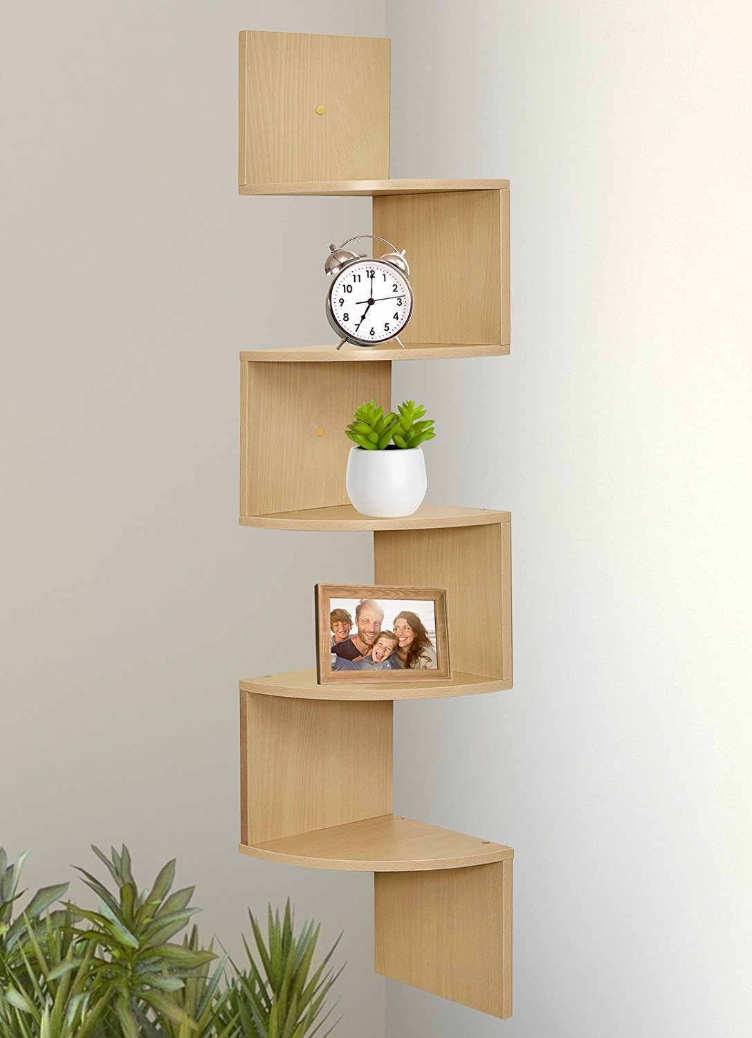 Greenco 5 Tier Wall Mount Floating Corner Shelves Natural Finish