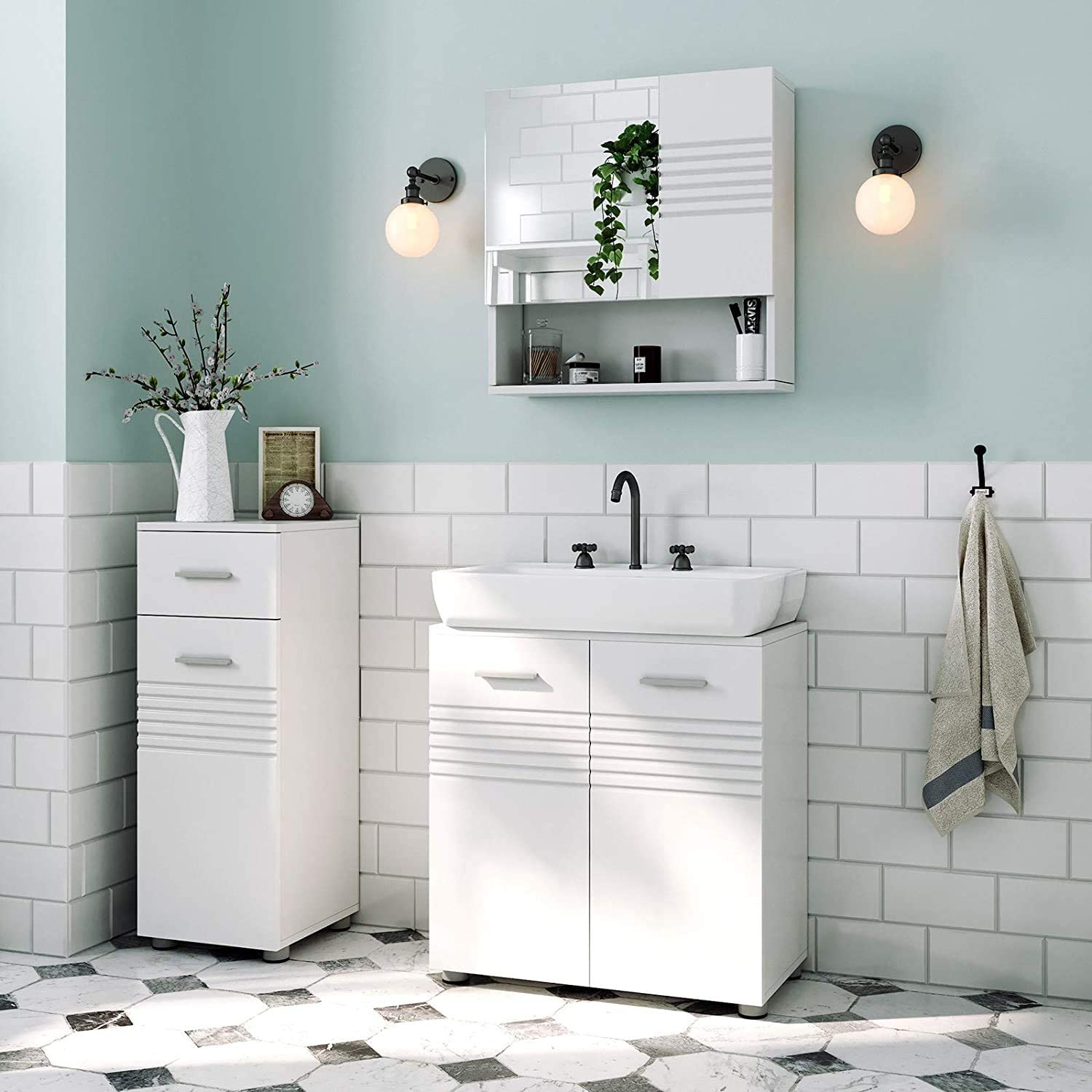 VASAGLE Bathroom Under Sink Cabinet, Adjustable Shelf, White