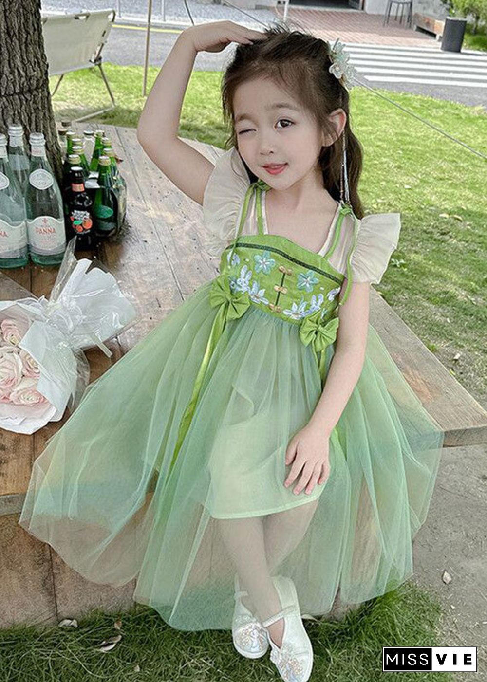 Elegant Green Embroideried Patchwork Bow Tulle Kids Long Dress Short Sleeve