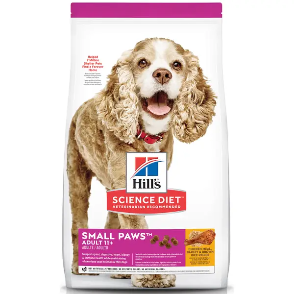 Hill's Science Diet Small Paws Senior Dog Food， Adult 11+ Small and Toy Chicken Meal， Barley and Brown Rice Recipe Dry Dog F