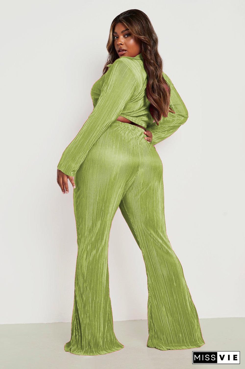 Long Sleeve Button Crop Top Pleated Wide-Leg Pants Set