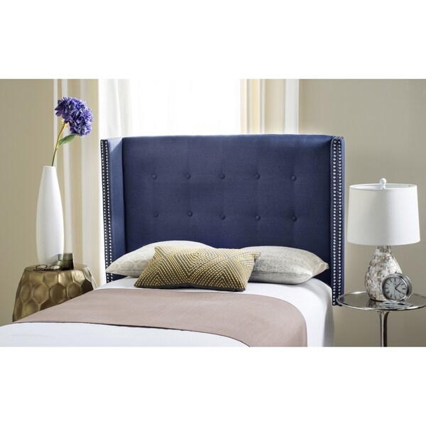 SAFAVIEH Keegan Navy Linen Upholstered Tufted Wingback Headboard (Full) - - 11551610