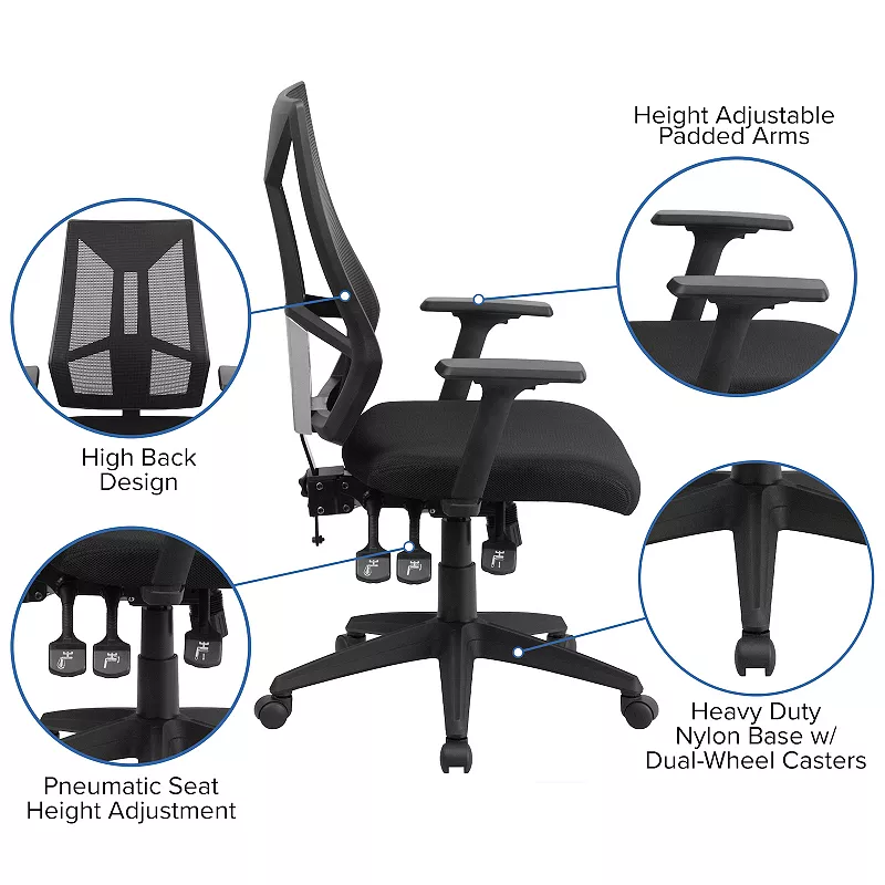 Emma and Oliver High Back Black Mesh Multifunction Ergonomic Task Office Chair with Arms