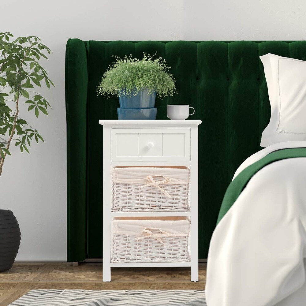 Nightstand with Drawers Wooden  W/ 2 Storage Baskets and Open Shelf for Bedroom  Bedside Sofa End Table (1  White)