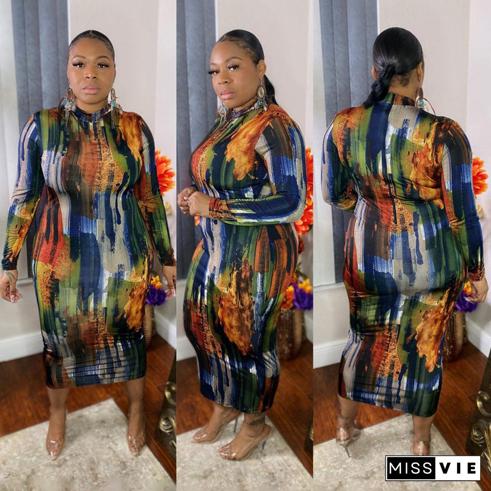 High Waist Print Long Sleeve O Neck Plus Size Dress