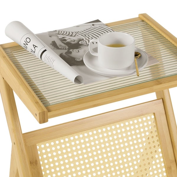 Bamboo Glass-top End Table with Rattan-like Magazine Rack