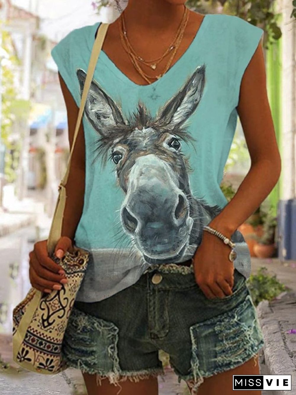 Women's Funny Donkey Print V-Neck Tank Top